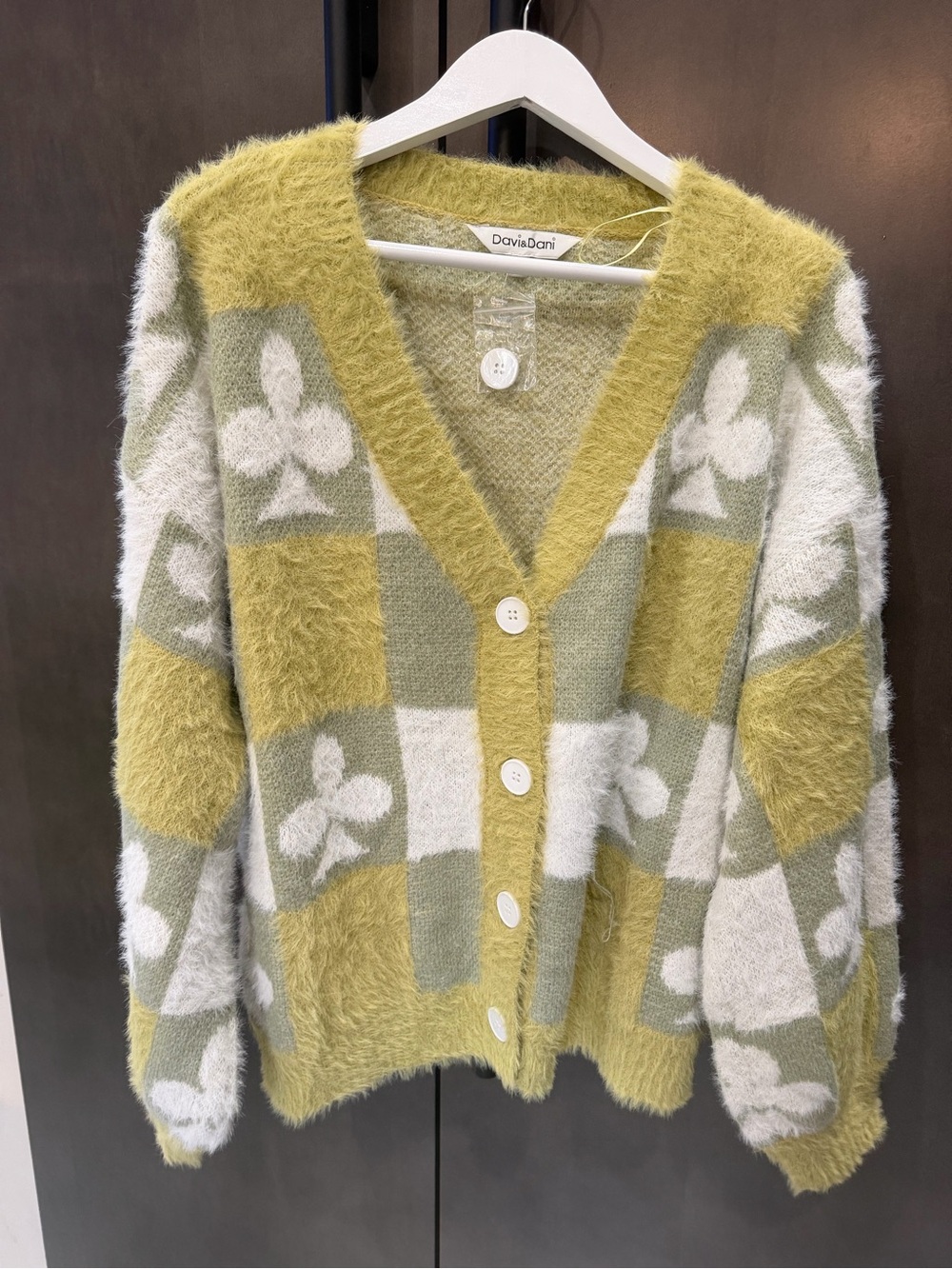 NWT Davi&Dani Olive & Cream Checker Knit Cardigan